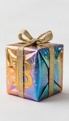 Golden Bitcoin on Holographic Gift Box. Cryptocurrency Investment Concept.