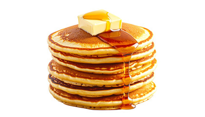 Delicious stack of pancakes topped with butter and syrup isolated on solid white background Png4