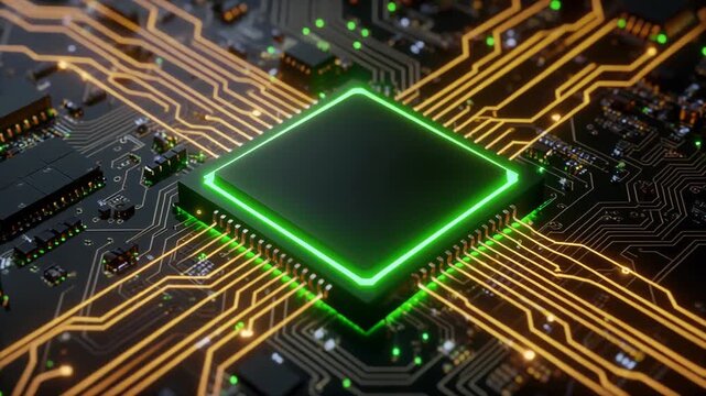Close-up of a computer microchip with a green neon outline on a circuit board with orange pathways and various components.