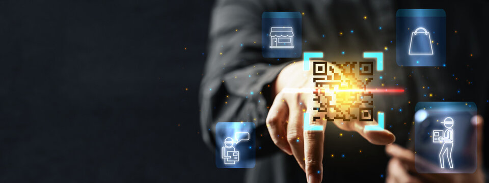 A person scanning a digital QR code with icons of online shopping, store, and delivery service using their smartphone. Concept of QR Payment Ecosystem - Powered by Adobe