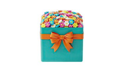 Colorful Flowers in Gift Box with Ribbon, Isolated on White