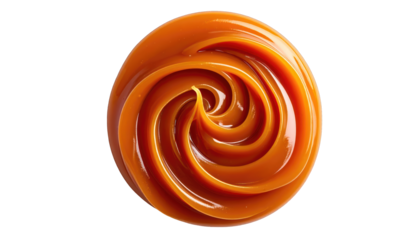 Close-up of glossy, swirling caramel sauce, center focus, isolated on black background