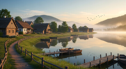 Idyllic morning mist over a traditional village on the shore of a calm lake
