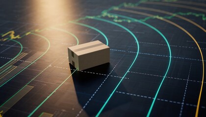 Small cardboard box placed on a dynamic financial chart with glowing lines, representing logistics, e-commerce and delivery concepts.