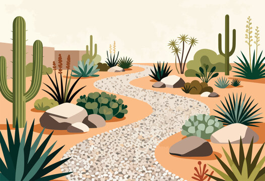 Stylized desert landscape featuring a winding gravel path and various desert plants