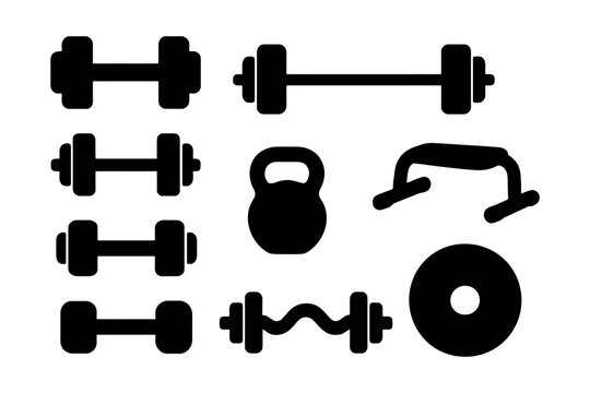 Black silhouette fitness equipment icons: dumbbells, kettlebell, barbell, push-up bars, weight plate. - Powered by Adobe