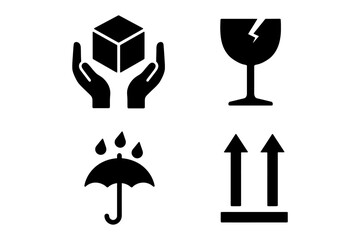 Obraz premium Black symbols: fragile glass, umbrella, hands holding cube, up arrows.