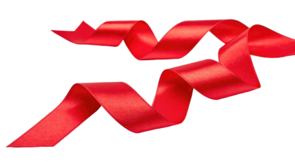 Two swirled ribbons, radiant red, float against a black background