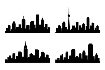 Fototapeta premium Four iconic city skylines silhouette collection in black and white.