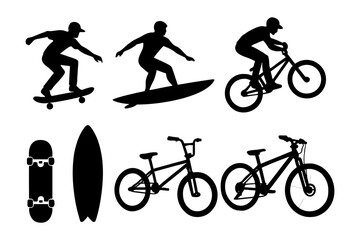 Naklejka premium Silhouettes of extreme sports enthusiasts: skateboarding, surfing, bmx.