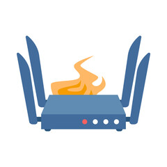 Isolated broken wireless router overheating and catching fire, symbolizing electronic equipment malfunction vector illustration