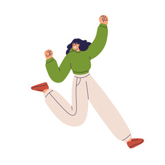 Happy excited girl jumping with fists up. Joyful young female smiling, celebrating. Energetic active person exulting. Joy emotion, expression. Flat vector illustration isolated on white background