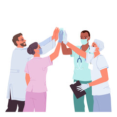 Happy doctors give high five. Hospital team of medics with medical uniform, masks and gloves giving mask and glove as symbol of surgical operation success, help and support cartoon