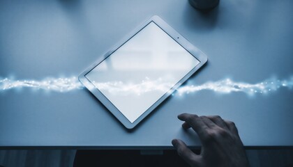 A hand reaching towards a tablet on a sleek desk creating a glowing stream connection, concept for technology, communication and innovation.