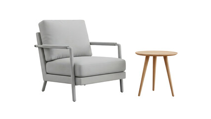Fototapeta premium ia generated. Light gray upholstered armchair with wooden side table isolated on transparent background 