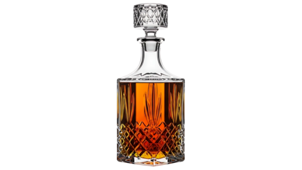 ia generated. Luxurious amber liquid in a crystal decanter bottle isolated on transparent background
