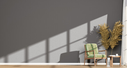 Boho Interior with Empty Grey Wall, Green Velvet Armchair, Tall Dried Plants, and Sun Shadows | Transparent Background