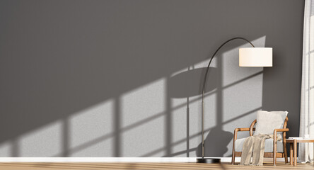 Cozy Interior with Empty Grey Wall, Wooden Armchair with Blanket, Arc Lamp, and Long Sun Shadows | Transparent Background