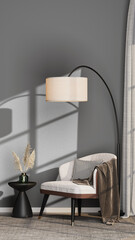 Vertical Mockup: Stylish Interior with Empty Grey Wall, Accent Chair, Round Rug, and Pampas Grass | Transparent Background