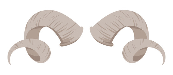 Curved ram horns isolated on white background for animal, fantasy, or costume design vector illustration