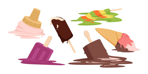 Fallen ice cream set. Sweet melted takeout gelato in waffle cone and bitten chocolate popsicle, fruit lollipop dropped, dessert from summer menu collection fell on floor cartoon vector illustration