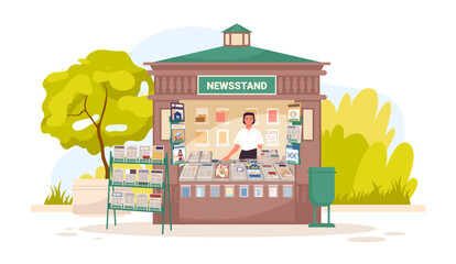 Street newsstand kiosk with vendor selling newspapers, magazines, and journals in a park setting, surrounded by greenery, isolated on white background vector illustration