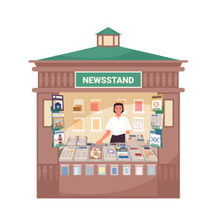 Street newsstand offering newspapers, magazines, and periodicals with vendor standing behind counter, ideal for urban press and media concepts, isolated on white background vector illustration