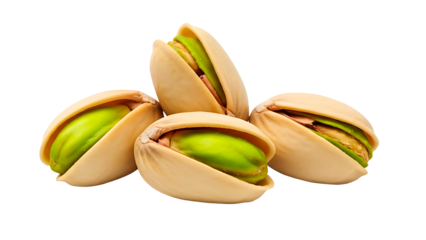 ia generated. Three fresh pistachios with open shells reveal vibrant green nuts, perfectly isolated on a transparent background, high quality PNG file.
