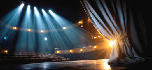Stage with spotlight beams and open curtain in empty theater, symbolizing performance, anticipation, and dramatic ambiance in an artistic setting.