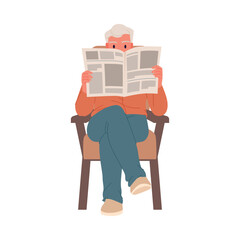 Elderly man sitting and reading newspaper on isolated white background vector illustration