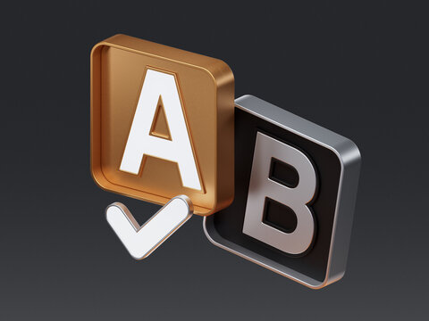 3D icon of A and B blocks with checkmark representing split testing and marketing choice.