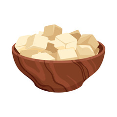Fresh tofu cubes served in a wooden bowl, ideal for vegan recipes, healthy eating, and Asian cuisine concepts, isolated on white background vector illustration