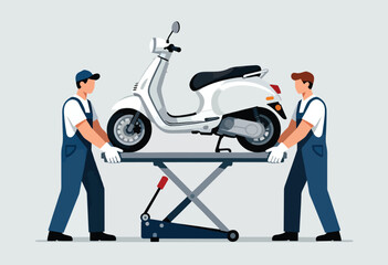 Two mechanics lift a white scooter on a hydraulic scissor lift