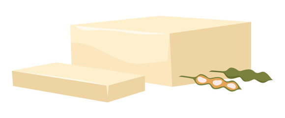 Minimalist isolated tofu block and soybeans on white background healthy food vector illustration