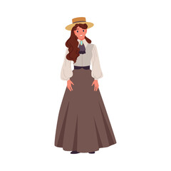 Young Victorian girl wearing a long brown skirt, white blouse, and straw hat, standing and smiling, historical fashion style isolated on white background vector illustration