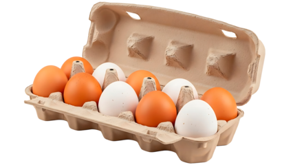 ia generated. Fresh eggs arranged in a commercial cardboard container on a transparent background