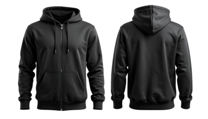 Front and back views of a plain black hooded zip-up sweatshirt, isolated