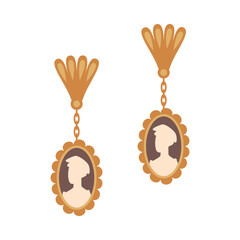 Elegant vintage cameo earrings in Victorian style on a white isolated background vector illustration