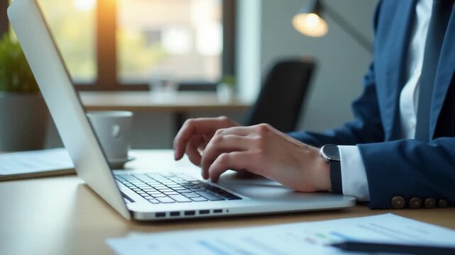 Video Close-up shot of a person working on their laptop, typing away