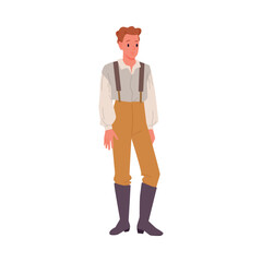 Young Victorian man wearing suspenders, high boots, and vintage clothing, standing with a relaxed pose, isolated on white background vector illustration