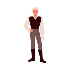 Young Victorian man in traditional brown vest, white shirt, and boots, standing confidently, historical fashion style isolated on white background vector illustration