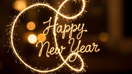 Sparkling 'Happy New Year' message beautifully illuminates the festive night, celebrating new beginnings with bright, vibrant light trails perfect for holiday greeting cards and seasonal promotions