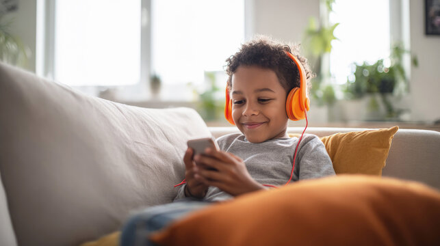 Smiling Black boy wearing orange headphones using a smartphone on the couch, enjoying digital entertainment in a cozy, bright home environment. - Powered by Adobe