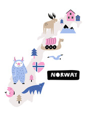 Cute Norway Map with Scandinavian Icons. Vector Illustration for Posters, Stickers, and Travel Designs