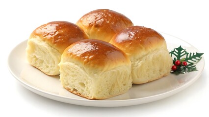 Golden brown dinner rolls on a white plate with festive garnish