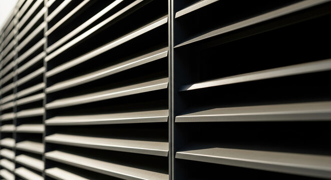 Close up of dark grey metal ventilation grille with horizontal slats. Industrial architectural pattern background with selective focus