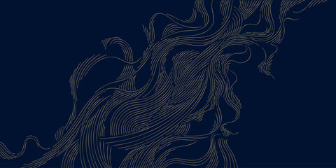 Elegant gold wave pattern, soft linear curves, art deco elements, Japanese, Chinese. Luxury abstract vector flowing background, texture, organic packaging.