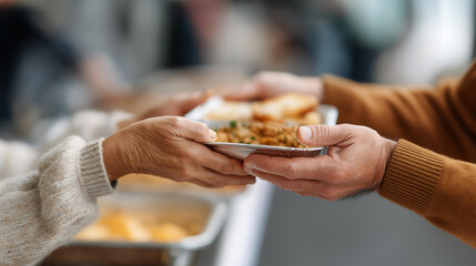 Faceless volunteers at homeless shelter handing out warm meals to residents, capturing compassion and support, charitable food distribution, community care service, defocused peopl