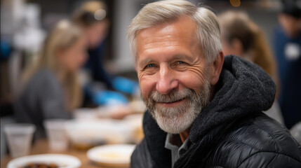 Faceless smiling older man in warm jacket sits at communal table surrounded by volunteers serving food, conveying hope and community support in shelter environment, defocused face,