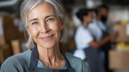 Faceless woman and her colleague working in homeless shelter, charitable organization staff, social services employees, humanitarian aid workers, community support team, defocused